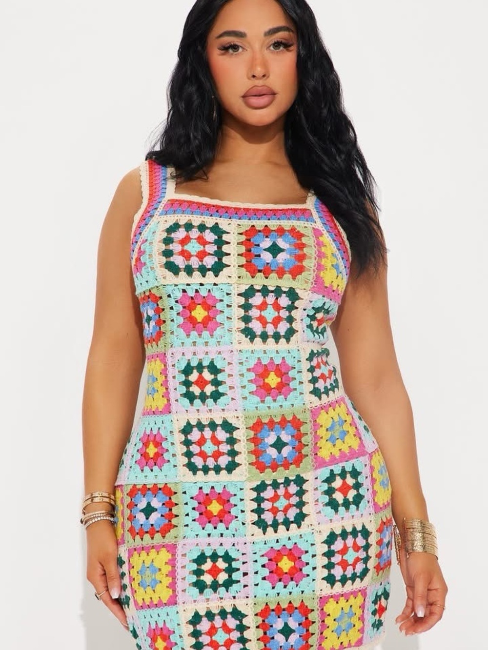 Fashion Nova Multicolor Crochet Square Tank Dress